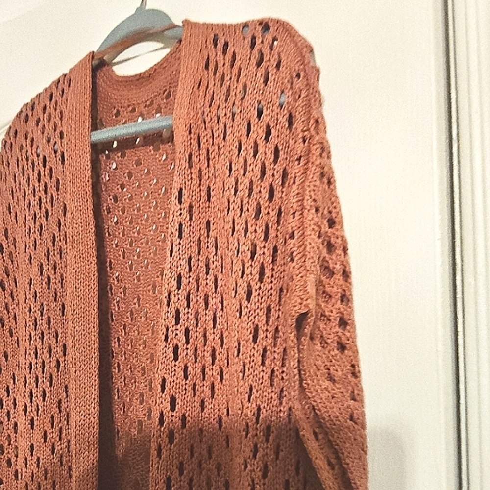 Pink Open Front Cardigan with Loose Knit and Fringe Nwot - Picture 5 of 5